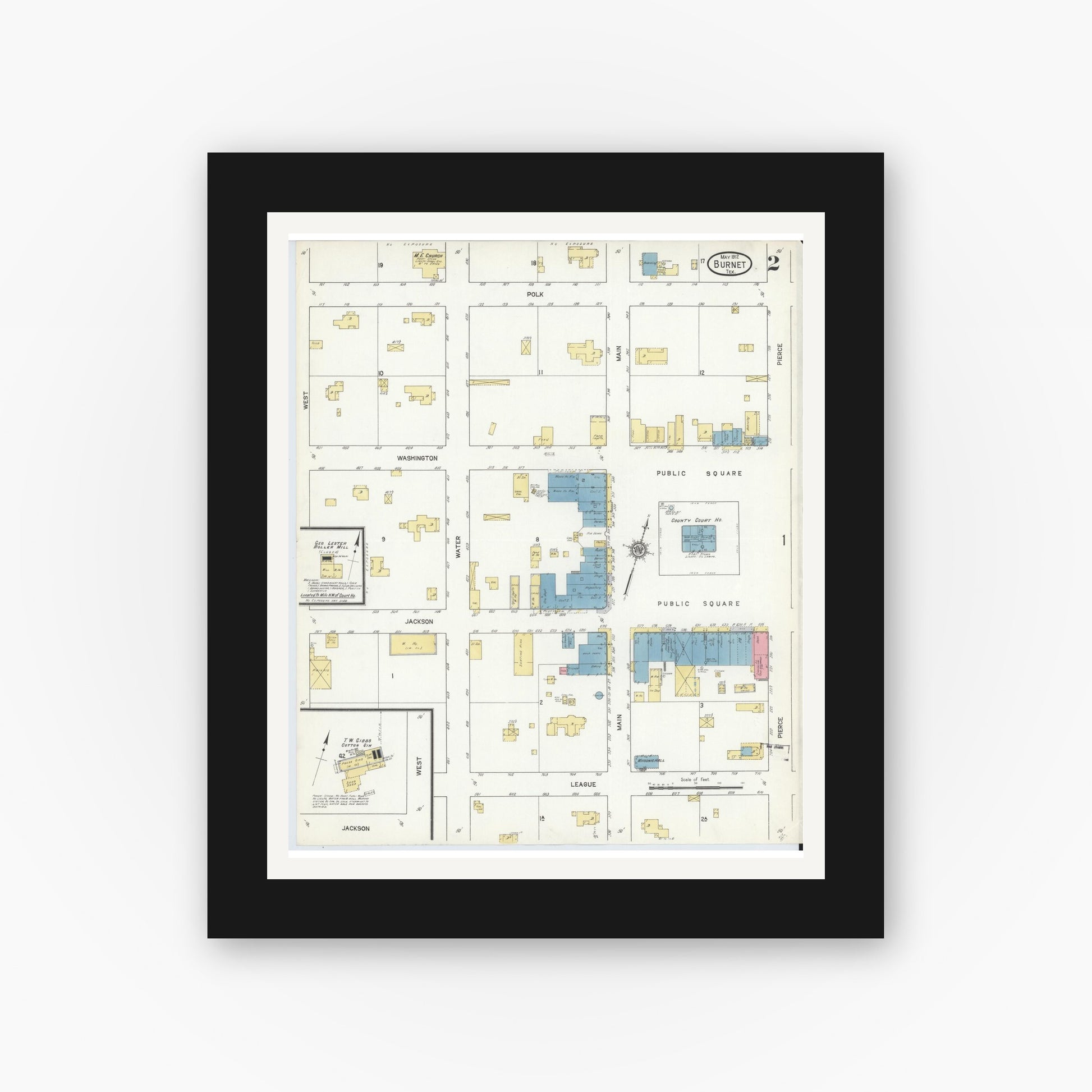 Old map wall art mockup — black gallery frame with white mat — Sanborn Fire Insurance Map from Burnet, Burnet County, Texas (1912), Sheet #0002