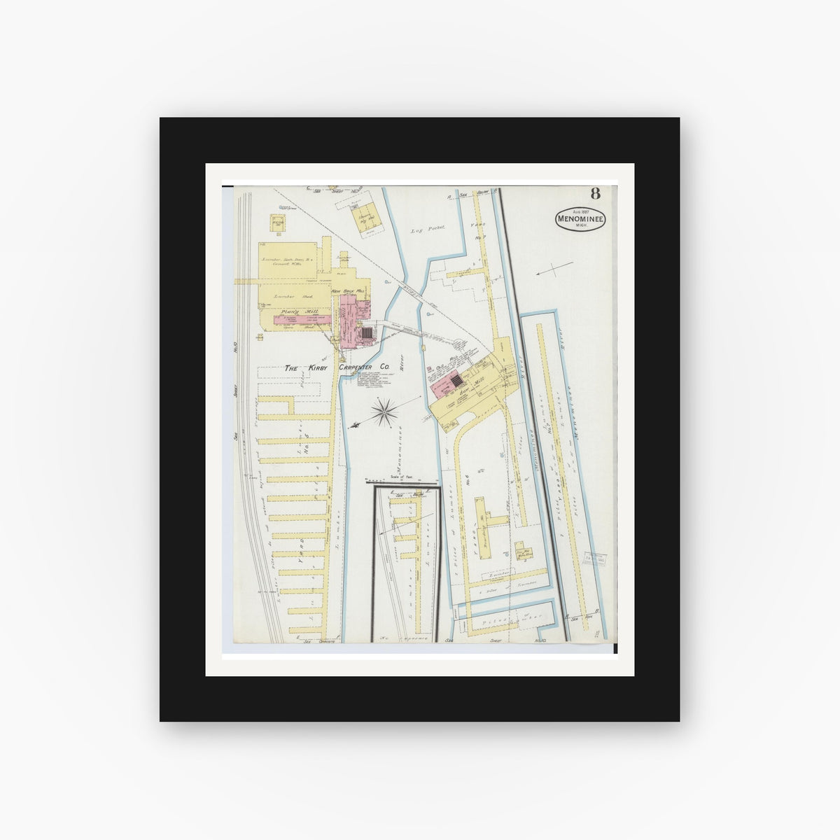 Old map wall art mockup — black gallery frame with white mat — Sanborn Fire Insurance Map from Menominee, Menominee County, Michigan (1887), Sheet #0008