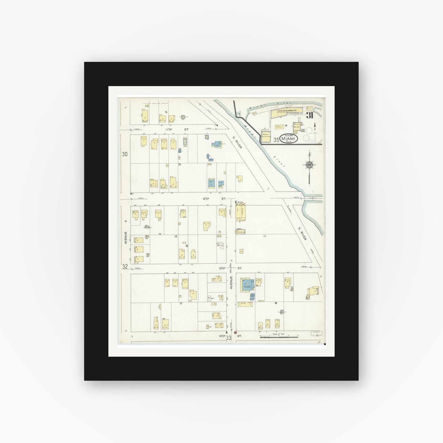 Old map wall art mockup — black gallery frame with white mat — Sanborn Fire Insurance Map from Miami, Dade County, Florida (1914), Sheet #0031