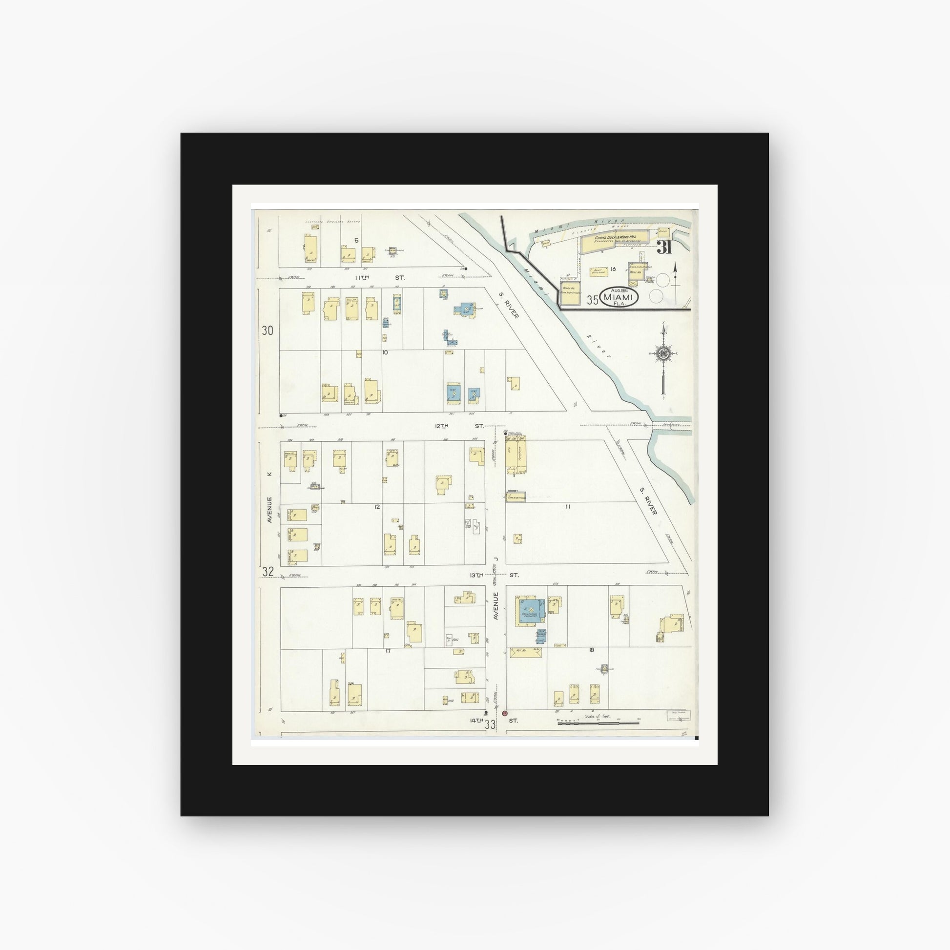 Old map wall art mockup — black gallery frame with white mat — Sanborn Fire Insurance Map from Miami, Dade County, Florida (1914), Sheet #0031