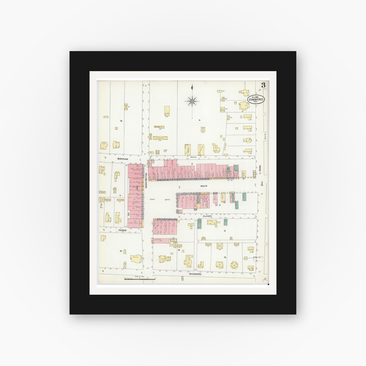 Old map wall art mockup — black gallery frame with white mat — Sanborn Fire Insurance Map from Commerce, Hunt County, Texas (1906), Sheet #0003