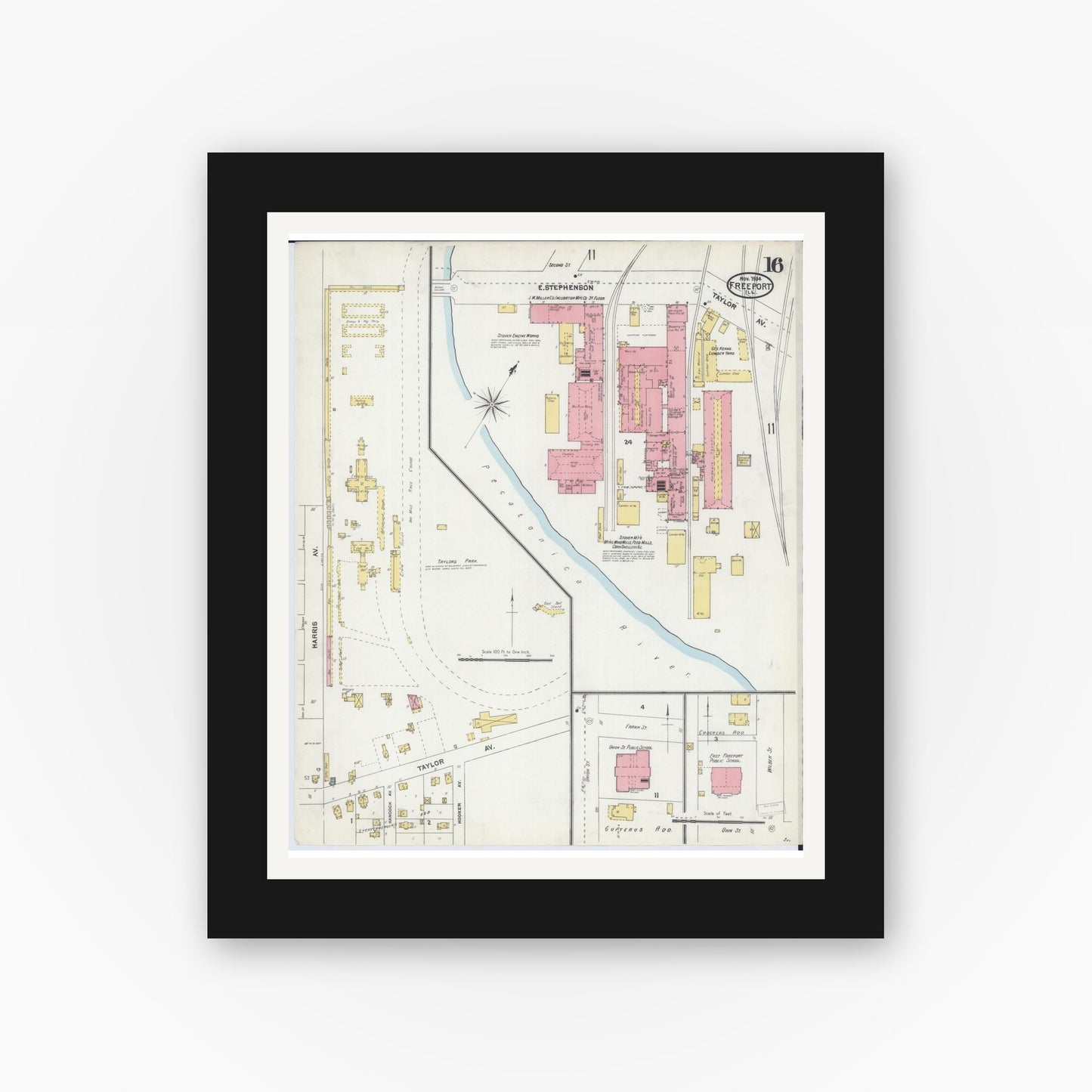 Old map wall art mockup — black gallery frame with white mat — Sanborn Fire Insurance Map from Freeport, Stephenson County, Illinois (1904), Sheet #0016