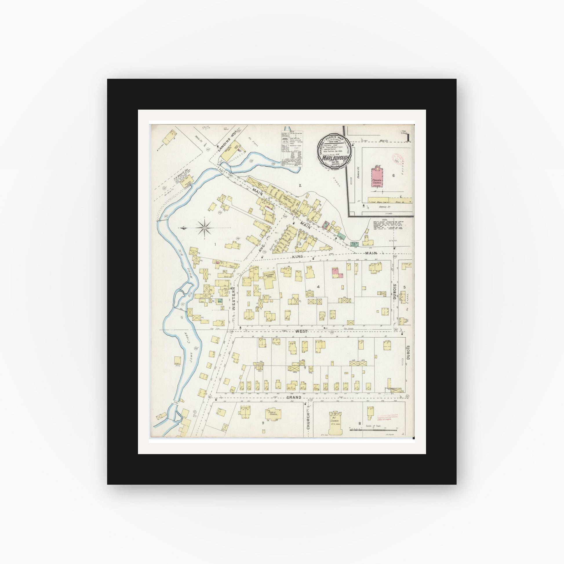 Old map wall art mockup — black gallery frame with white mat — Sanborn Fire Insurance Map from Marlborough, Ulster County, New York (1895), Sheet #0001