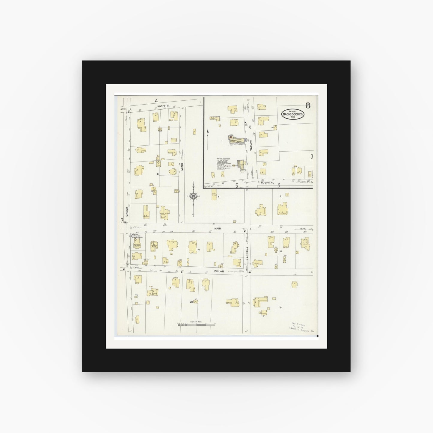 Old map wall art mockup — black gallery frame with white mat — Sanborn Fire Insurance Map from Nacogdoches, Nacogdoches County, Texas (1912), Sheet #0008