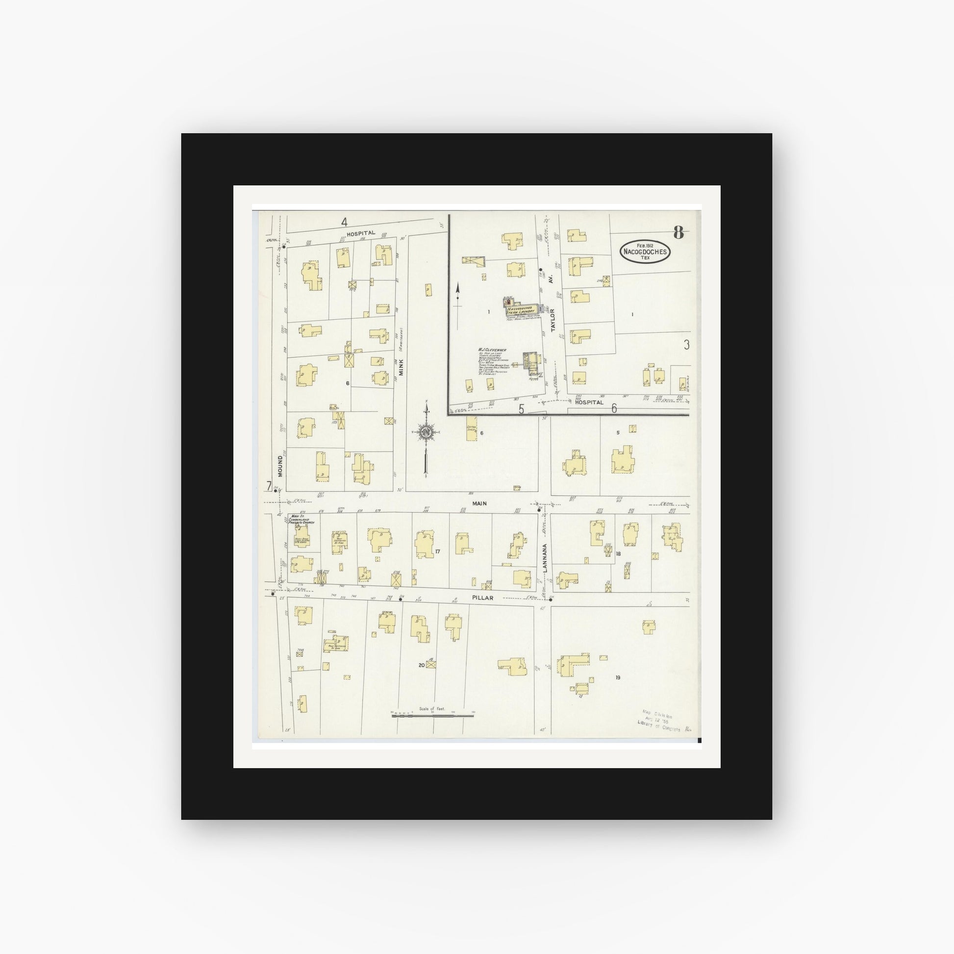 Old map wall art mockup — black gallery frame with white mat — Sanborn Fire Insurance Map from Nacogdoches, Nacogdoches County, Texas (1912), Sheet #0008