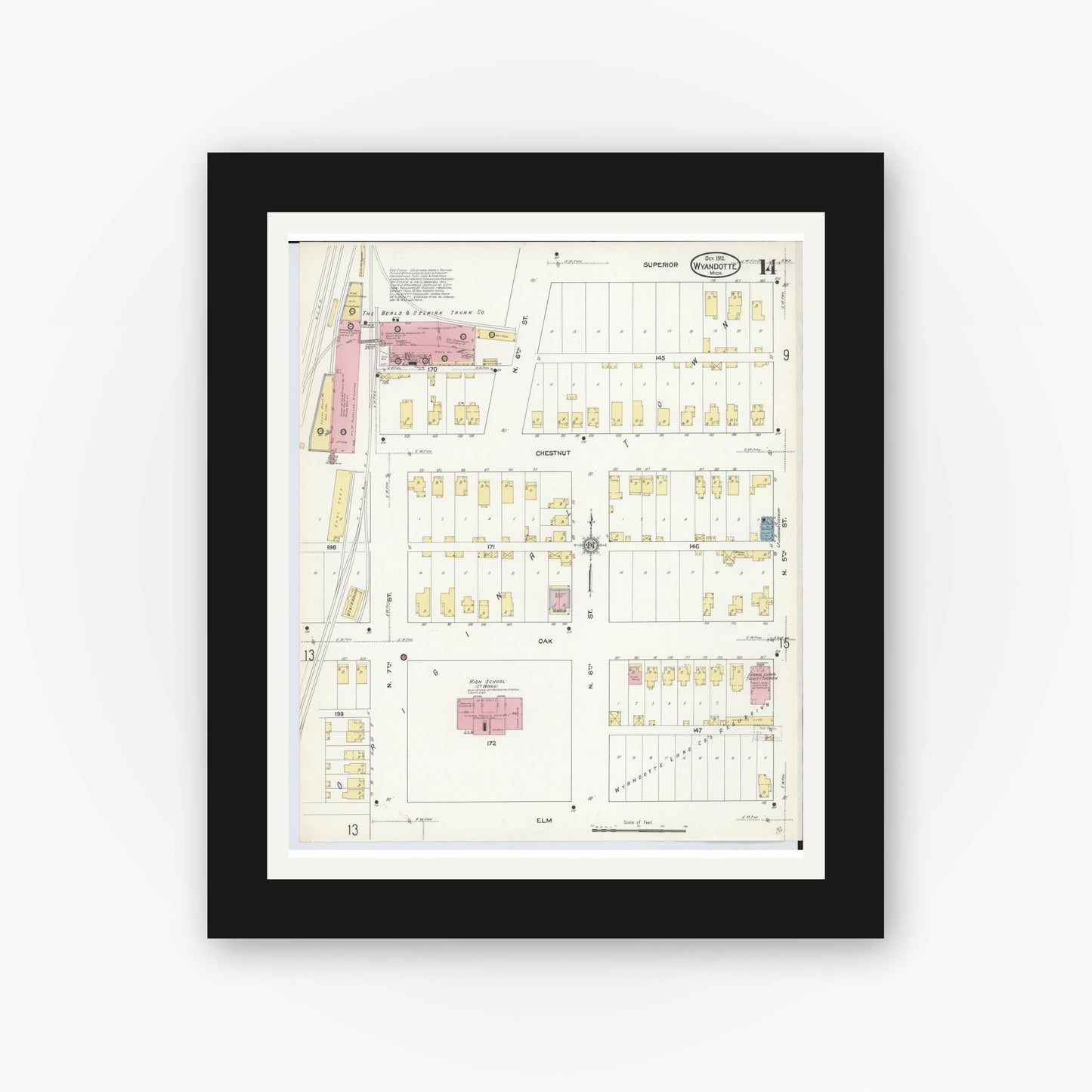 Old map wall art mockup — black gallery frame with white mat — Sanborn Fire Insurance Map from Wyandotte, Wayne County, Michigan (1912), Sheet #0014