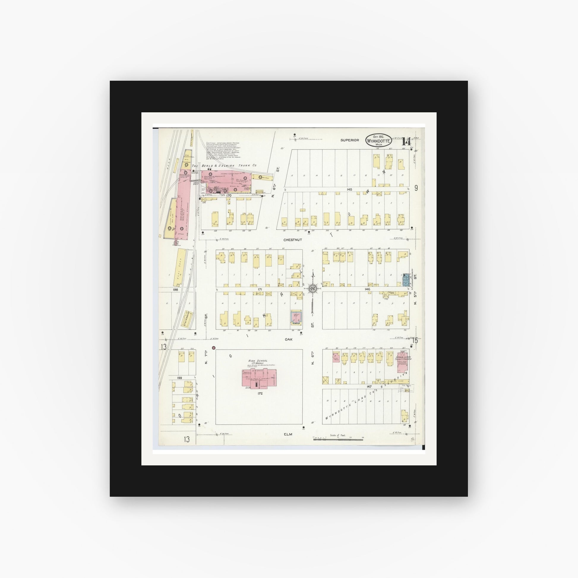 Old map wall art mockup — black gallery frame with white mat — Sanborn Fire Insurance Map from Wyandotte, Wayne County, Michigan (1912), Sheet #0014