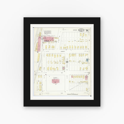 Old map wall art mockup — black gallery frame with white mat — Sanborn Fire Insurance Map from Wyandotte, Wayne County, Michigan (1912), Sheet #0014
