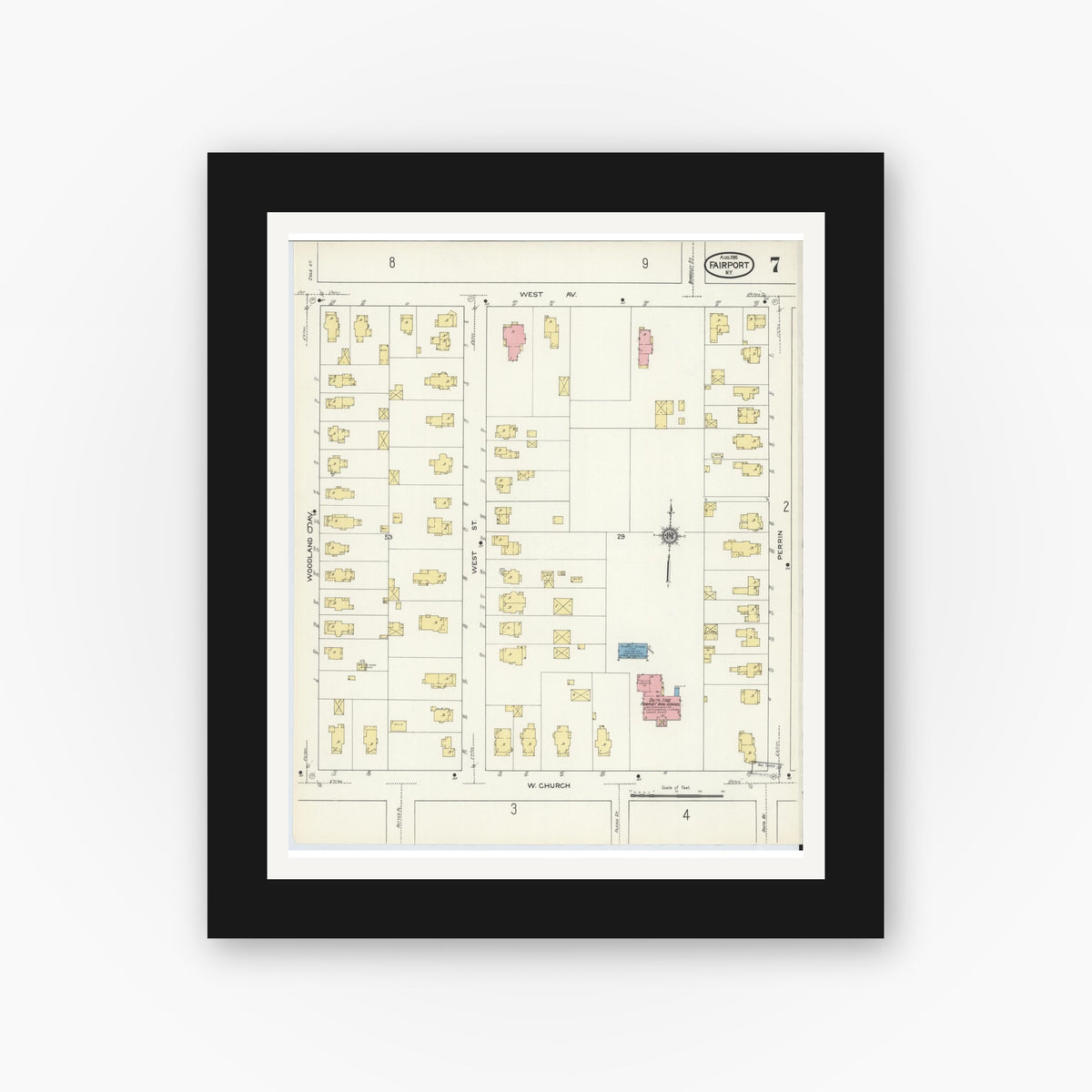 Old map wall art mockup — black gallery frame with white mat — Sanborn Fire Insurance Map from Fairport, Monroe County, New York (1915), Sheet #0007
