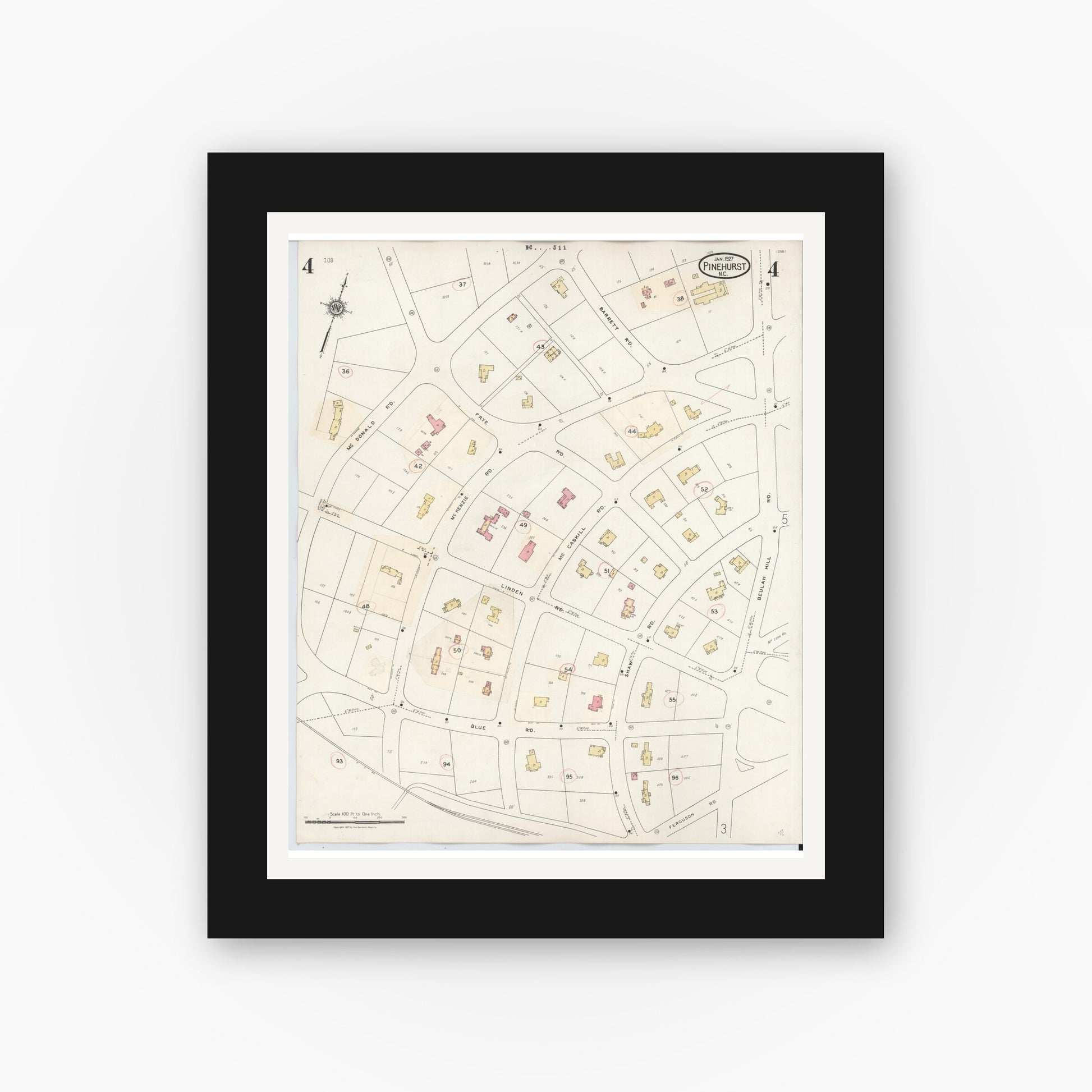 Old map wall art mockup — black gallery frame with white mat — Sanborn Fire Insurance Map from Pinehurst, Moore County, North Carolina (1939), Sheet #0004