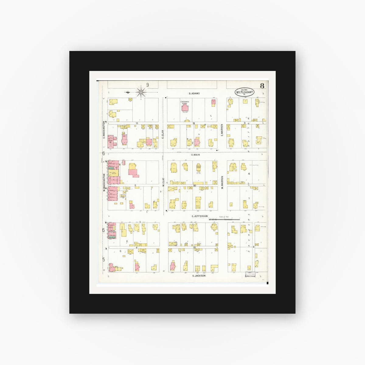 Old map wall art mockup — black gallery frame with white mat — Sanborn Fire Insurance Map from Mount Pleasant, Henry County, Iowa (1899), Sheet #0008