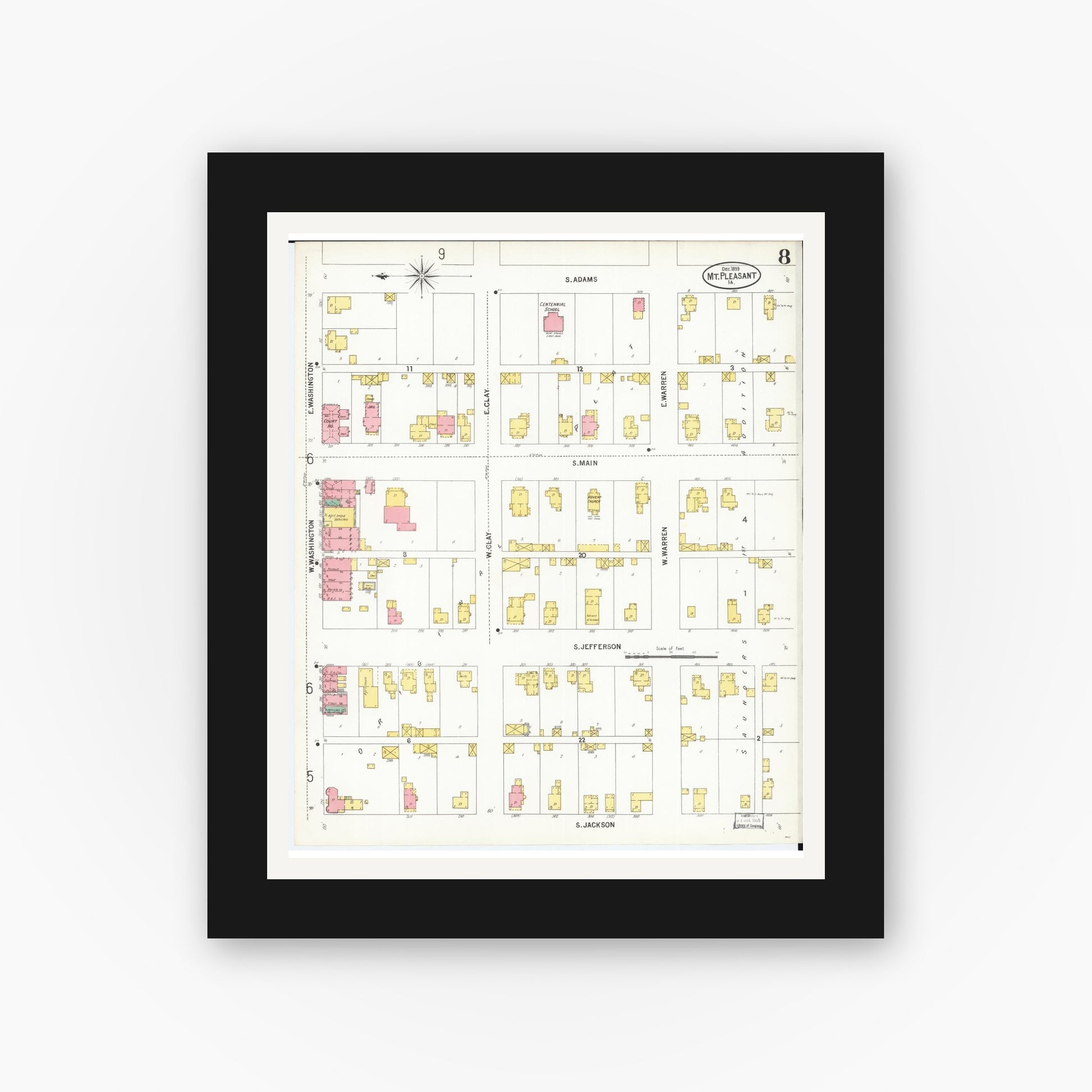Old map wall art mockup — black gallery frame with white mat — Sanborn Fire Insurance Map from Mount Pleasant, Henry County, Iowa (1899), Sheet #0008