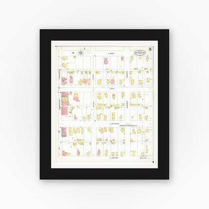 Old map wall art mockup — black gallery frame with white mat — Sanborn Fire Insurance Map from Mount Pleasant, Henry County, Iowa (1899), Sheet #0008