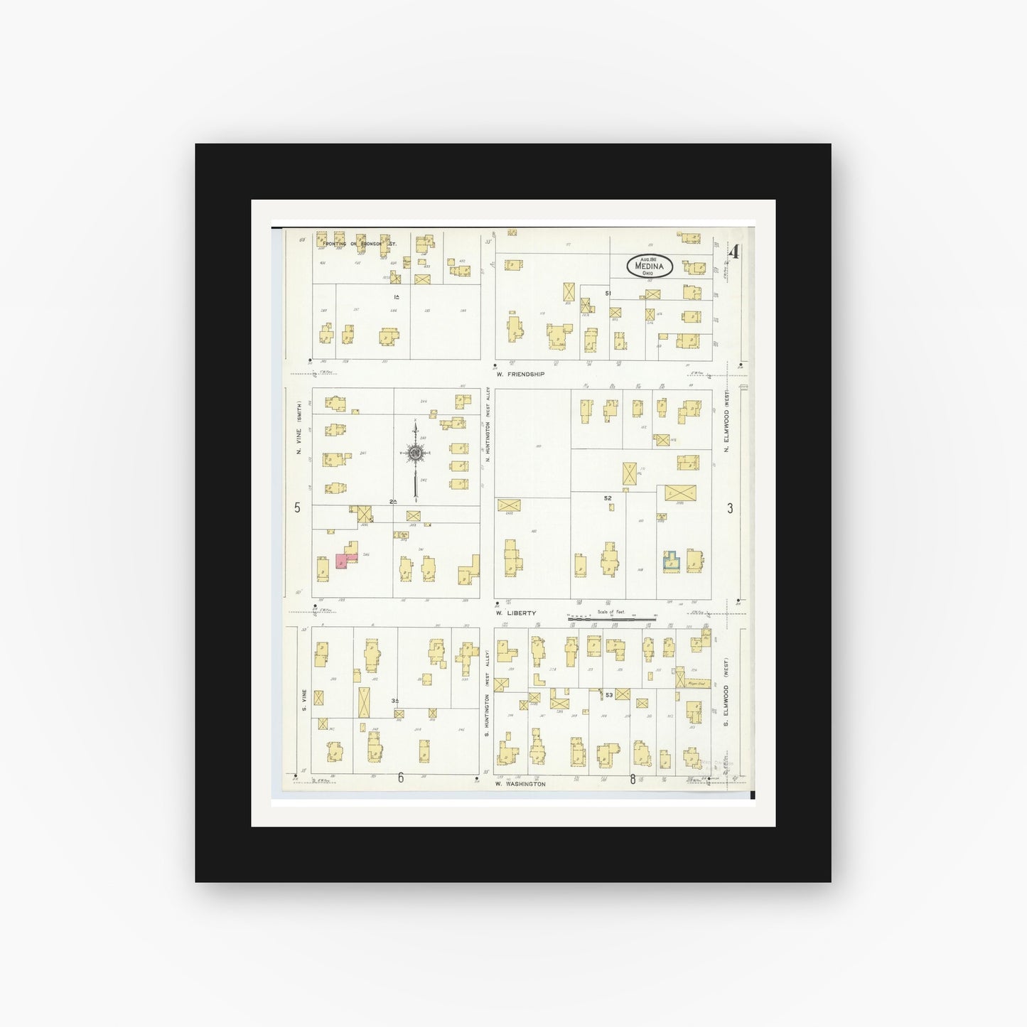 Old map wall art mockup — black gallery frame with white mat — Sanborn Fire Insurance Map from Medina, Medina County, Ohio (1911), Sheet #0004