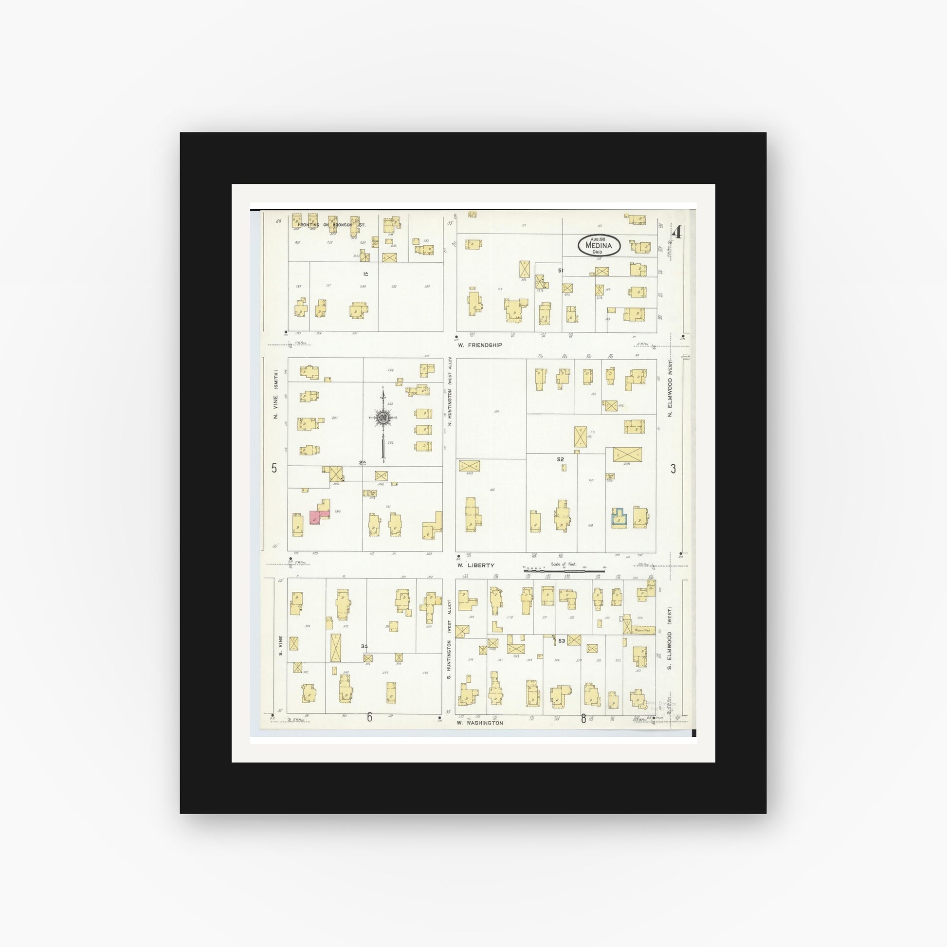 Old map wall art mockup — black gallery frame with white mat — Sanborn Fire Insurance Map from Medina, Medina County, Ohio (1911), Sheet #0004