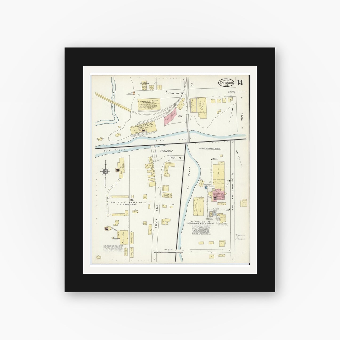 Old map wall art mockup — black gallery frame with white mat — Sanborn Fire Insurance Map from Tarboro, Edgecombe County, North Carolina (1913), Sheet #0014
