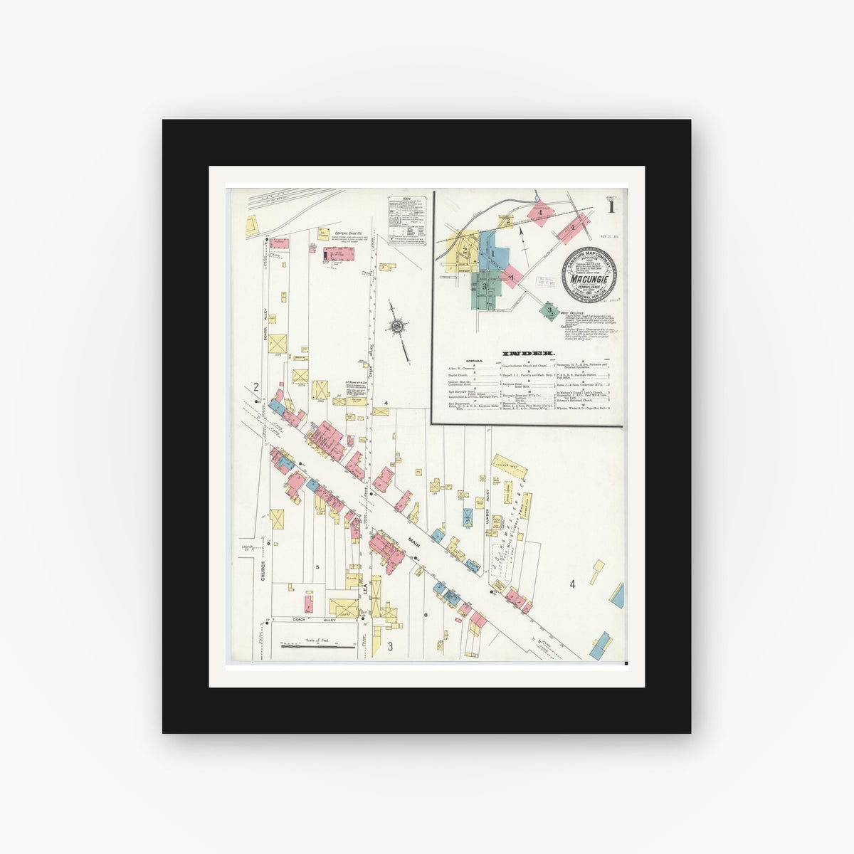 Old map wall art mockup — black gallery frame with white mat — Sanborn Fire Insurance Map from Macungie, Lehigh County, Pennsylvania (1911), Sheet #0001