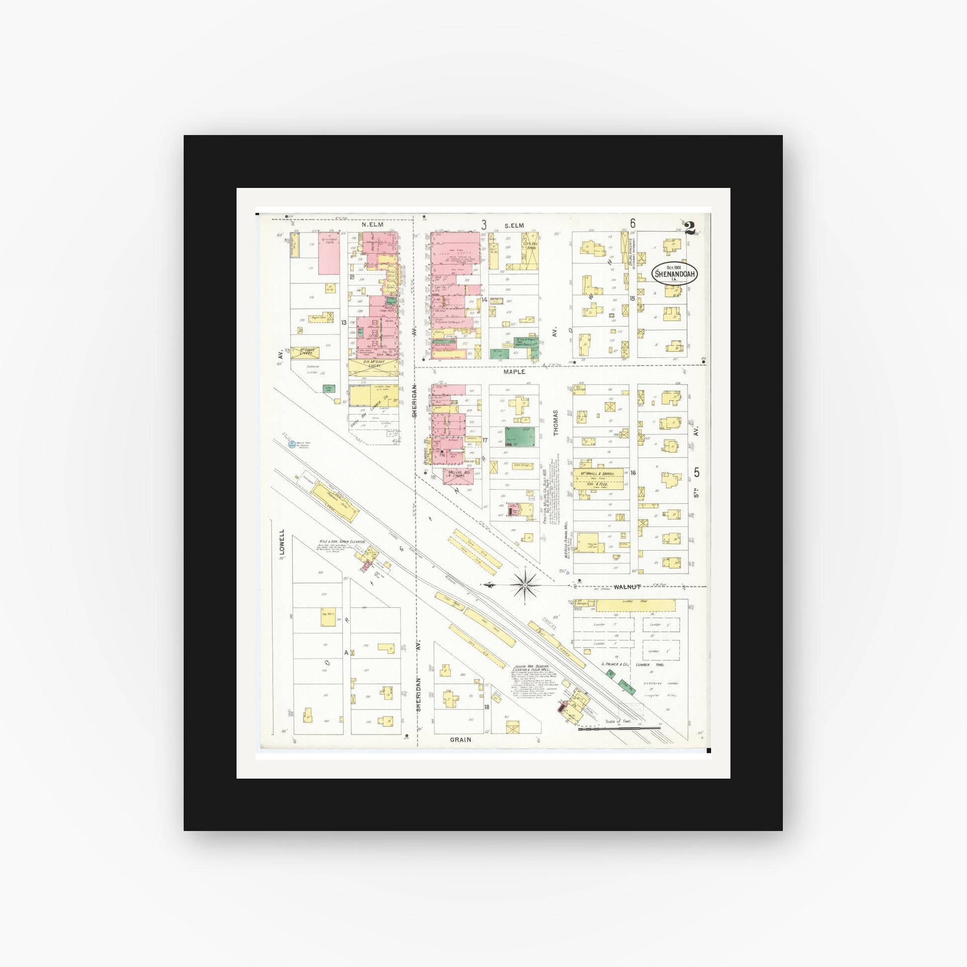Old map wall art mockup — black gallery frame with white mat — Sanborn Fire Insurance Map from Shenandoah, Page County, Iowa (1901), Sheet #0002