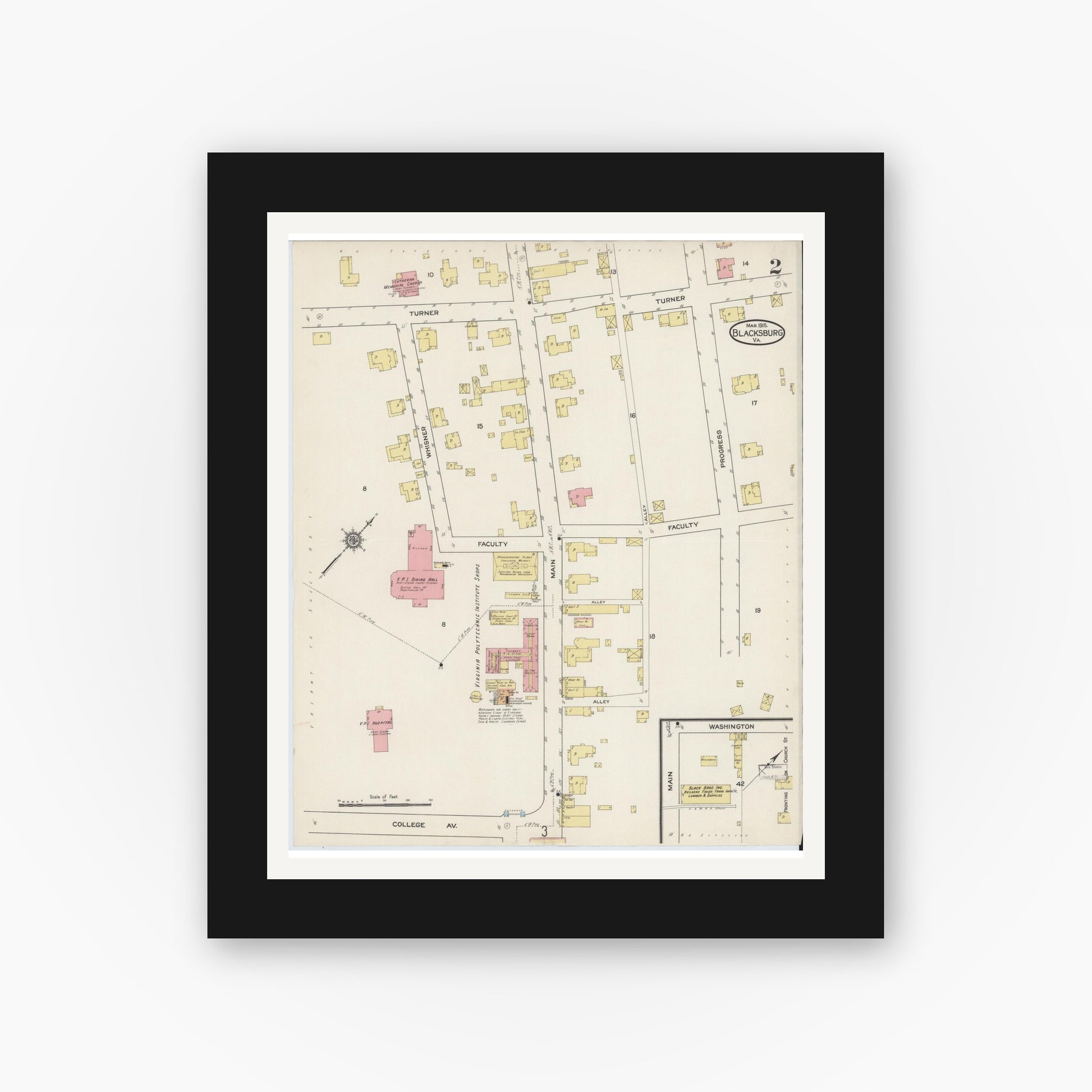 Old map wall art mockup — black gallery frame with white mat — Sanborn Fire Insurance Map from Blacksburg, Montgomery County, Virginia (1915), Sheet #0002