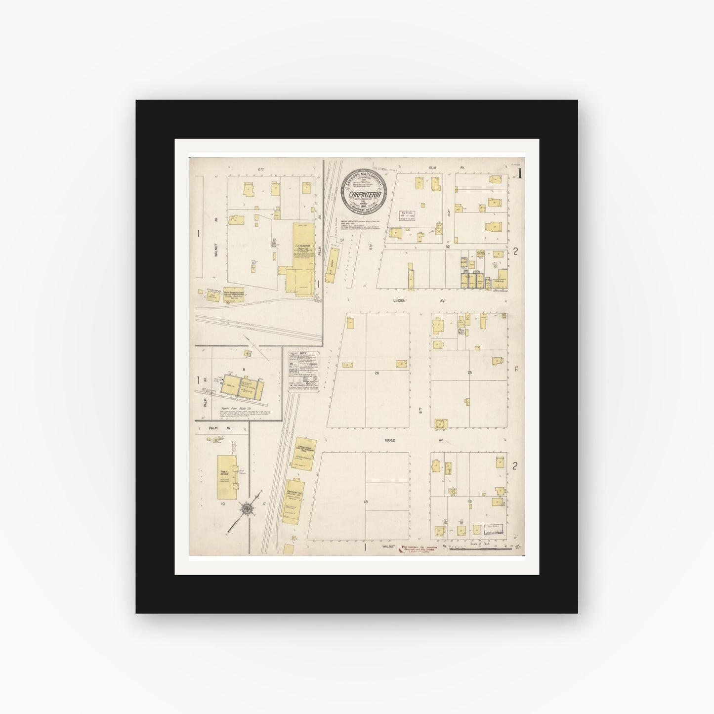 Old map wall art mockup — black gallery frame with white mat — Sanborn Fire Insurance Map from Carpinteria, Santa Barbara County, California (1916) - Complete Map Set