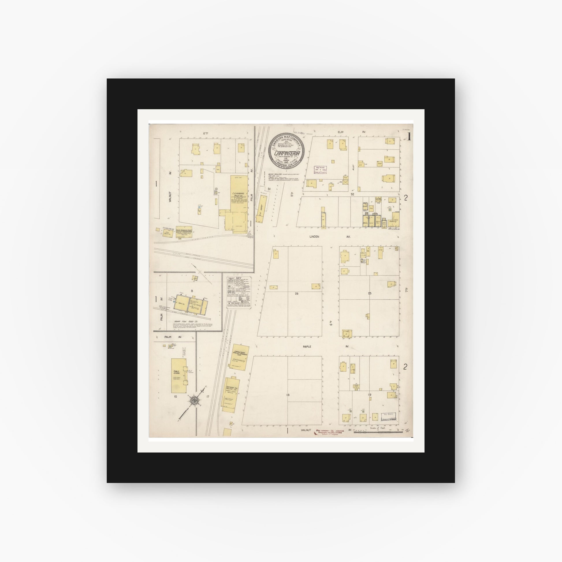 Old map wall art mockup — black gallery frame with white mat — Sanborn Fire Insurance Map from Carpinteria, Santa Barbara County, California (1916) - Complete Map Set