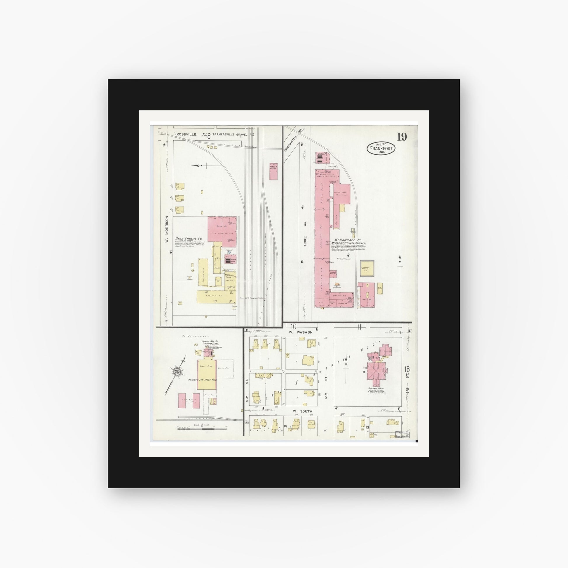 Old map wall art mockup — black gallery frame with white mat — Sanborn Fire Insurance Map from Frankfort, Clinton County, Indiana (1912), Sheet #0019