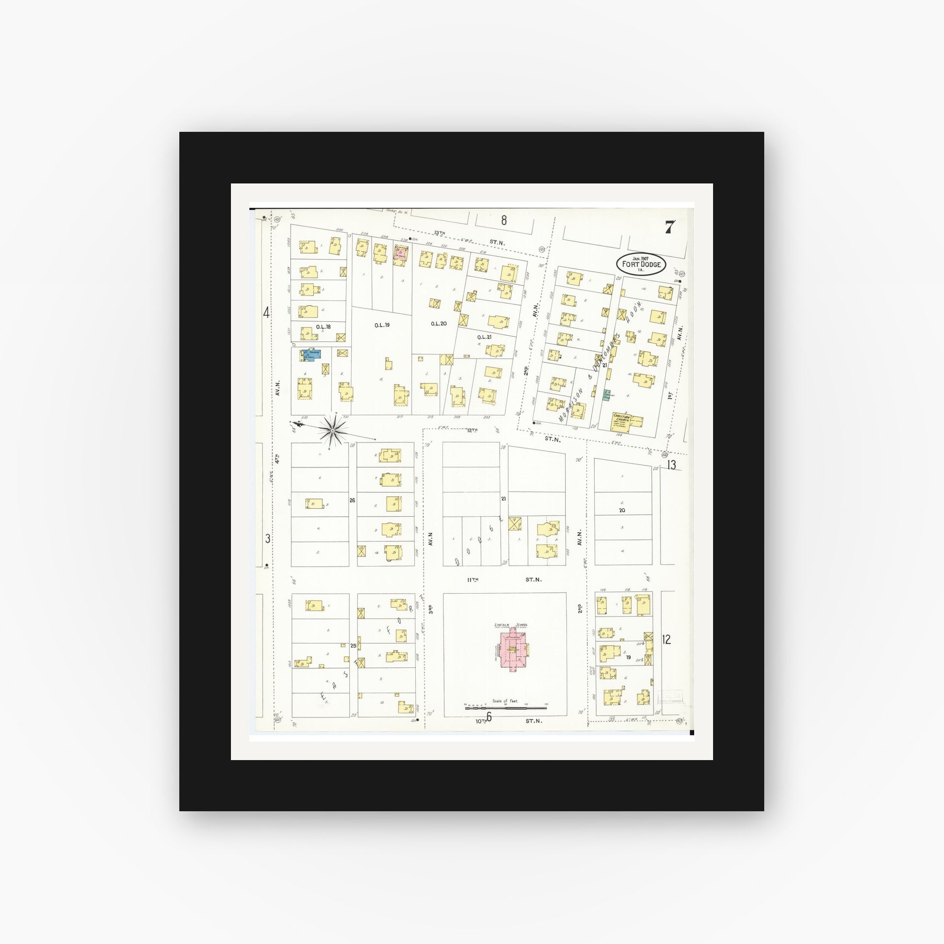 Old map wall art mockup — black gallery frame with white mat — Sanborn Fire Insurance Map from Fort Dodge, Webster County, Iowa (1907), Sheet #0007
