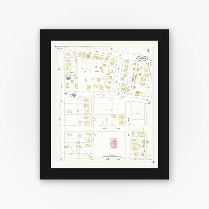Old map wall art mockup — black gallery frame with white mat — Sanborn Fire Insurance Map from Fort Dodge, Webster County, Iowa (1907), Sheet #0007