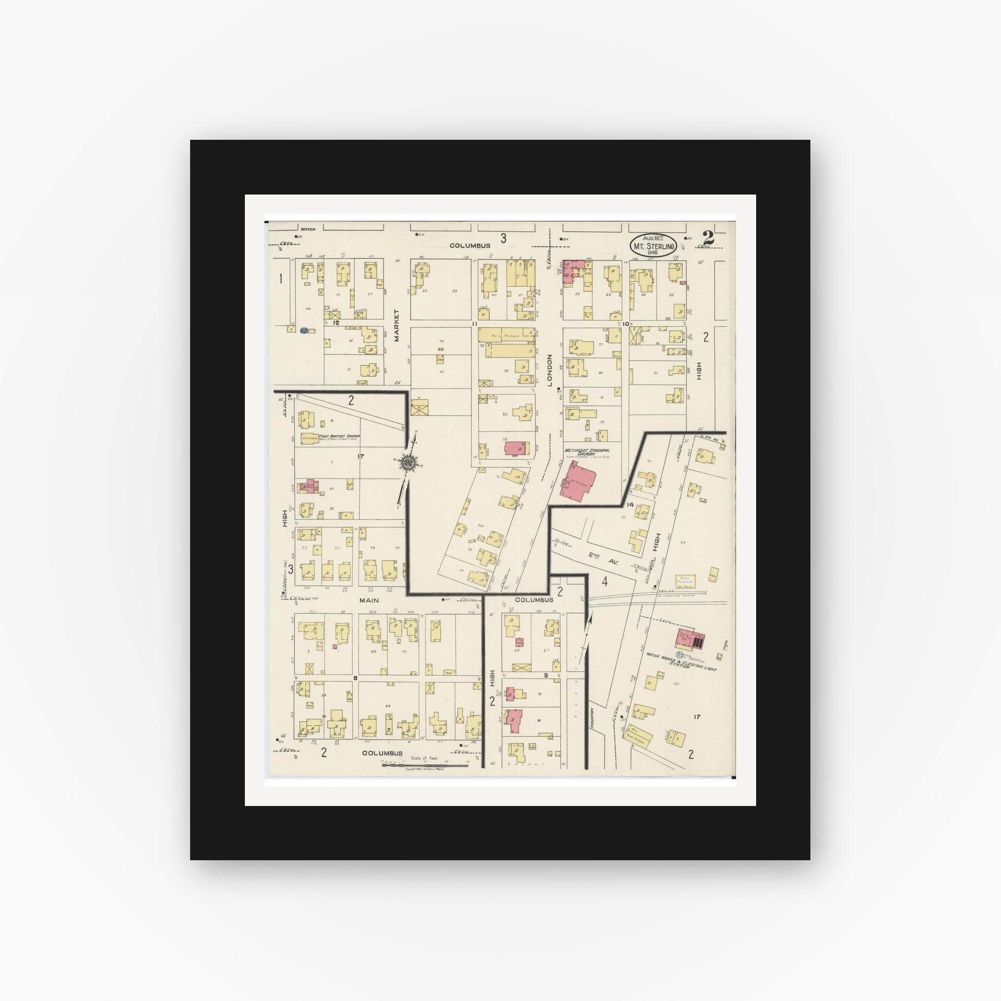 Old map wall art mockup — black gallery frame with white mat — Sanborn Fire Insurance Map from Mount Sterling, Madison County, Ohio (1922), Sheet #0002