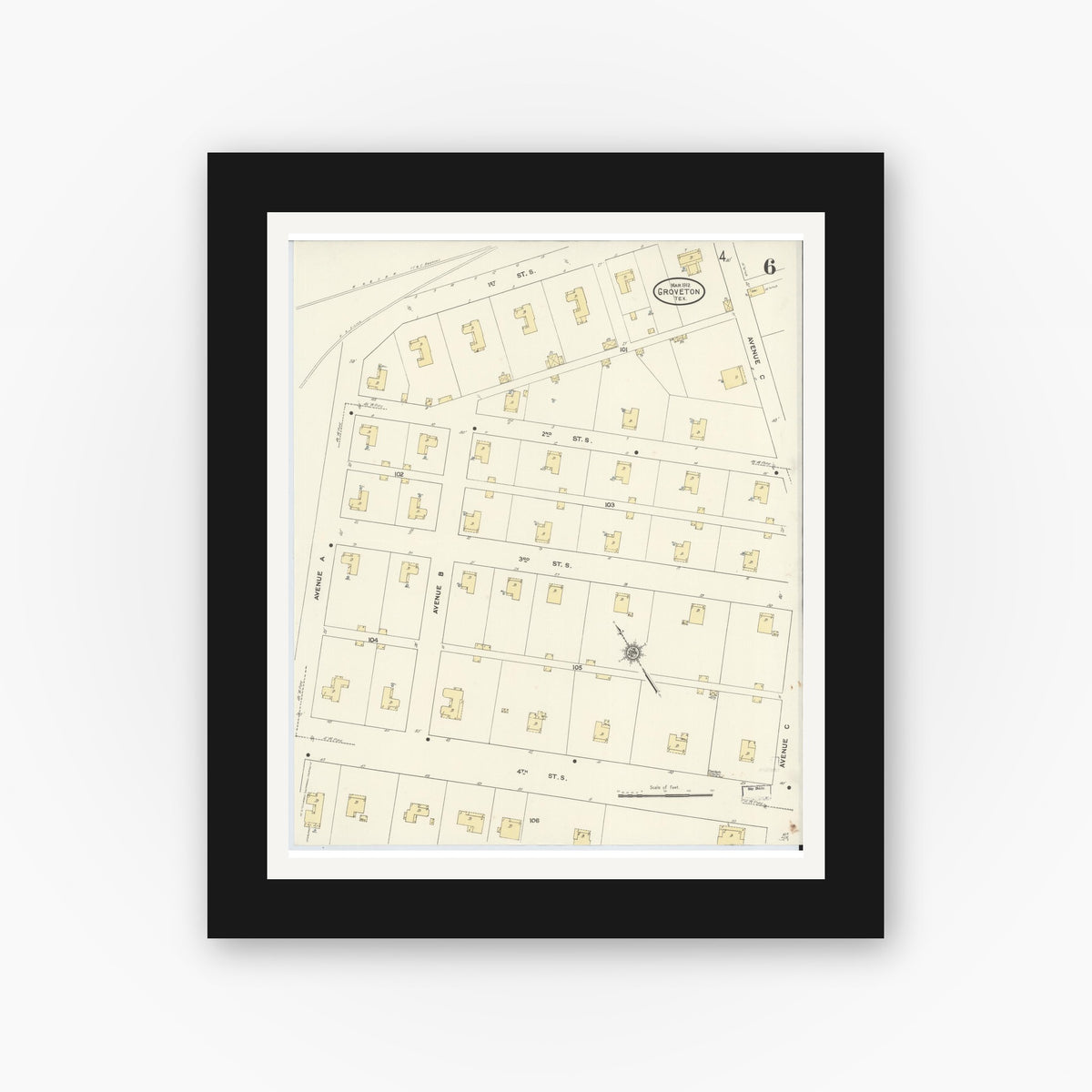 Old map wall art mockup — black gallery frame with white mat — Sanborn Fire Insurance Map from Groveton, Trinity County, Texas (1912), Sheet #0006