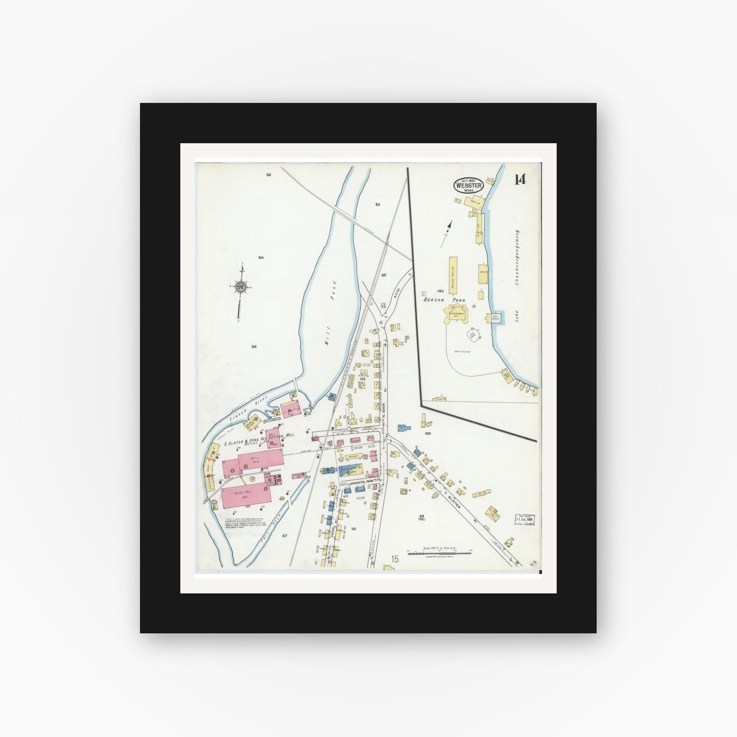 Old map wall art mockup — black gallery frame with white mat — Sanborn Fire Insurance Map from Webster, Worcester County, Massachusetts (1920), Sheet #0014