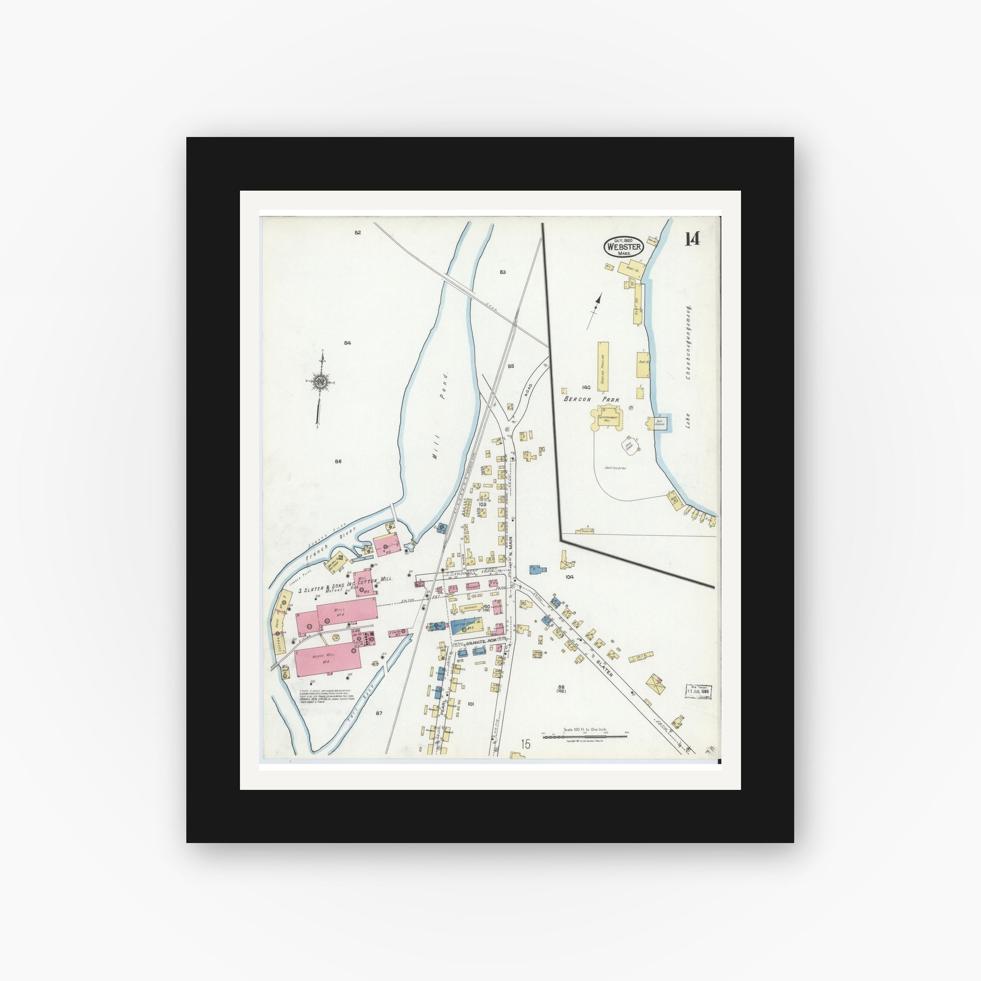 Old map wall art mockup — black gallery frame with white mat — Sanborn Fire Insurance Map from Webster, Worcester County, Massachusetts (1920), Sheet #0014