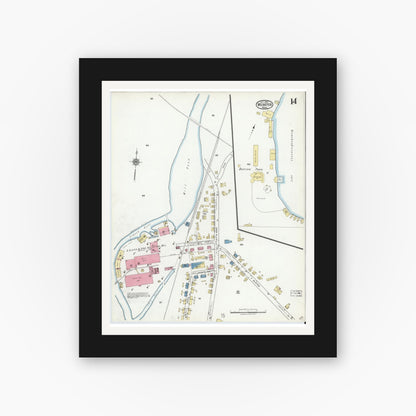 Old map wall art mockup — black gallery frame with white mat — Sanborn Fire Insurance Map from Webster, Worcester County, Massachusetts (1920), Sheet #0014