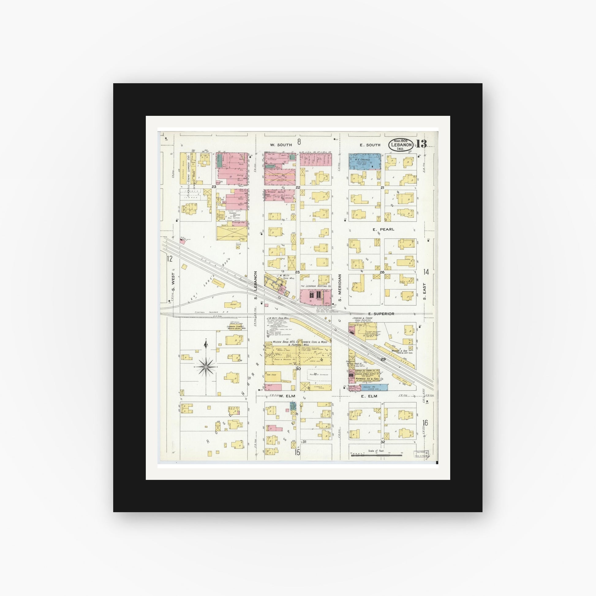 Old map wall art mockup — black gallery frame with white mat — Sanborn Fire Insurance Map from Lebanon, Boone County, Indiana (1909), Sheet #0013