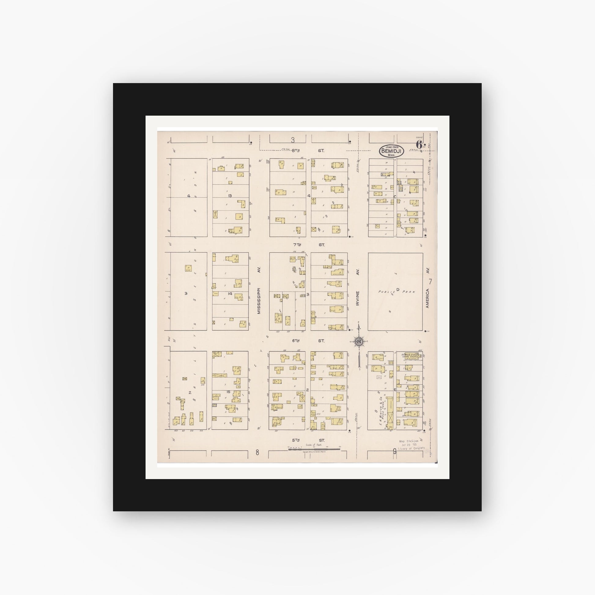 Old map wall art mockup — black gallery frame with white mat — Sanborn Fire Insurance Map from Bemidji, Beltrami County, Minnesota (1922), Sheet #0006