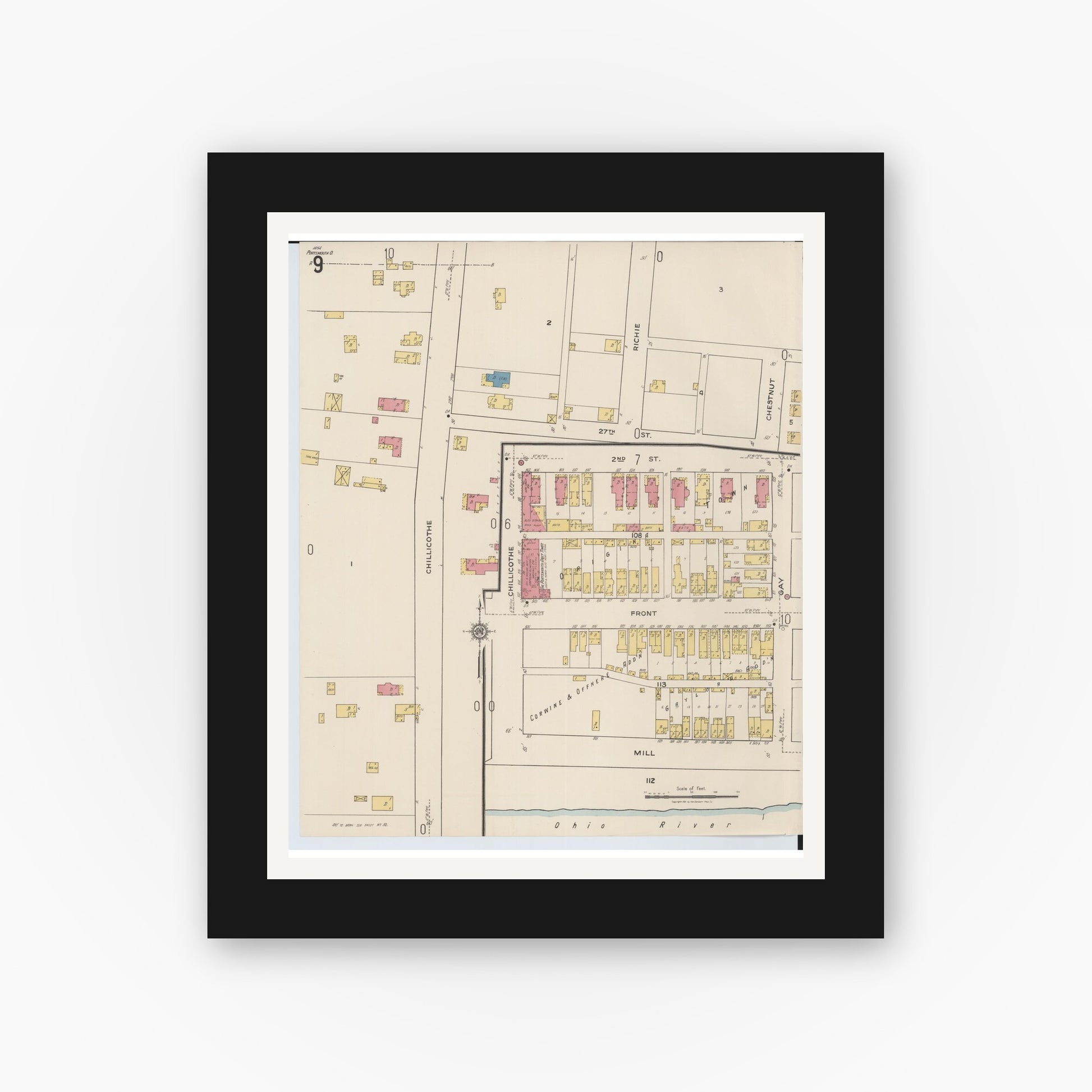 Old map wall art mockup — black gallery frame with white mat — Sanborn Fire Insurance Map from Portsmouth, Scioto County, Ohio (1921), Sheet #0009