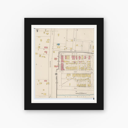 Old map wall art mockup — black gallery frame with white mat — Sanborn Fire Insurance Map from Portsmouth, Scioto County, Ohio (1921), Sheet #0009