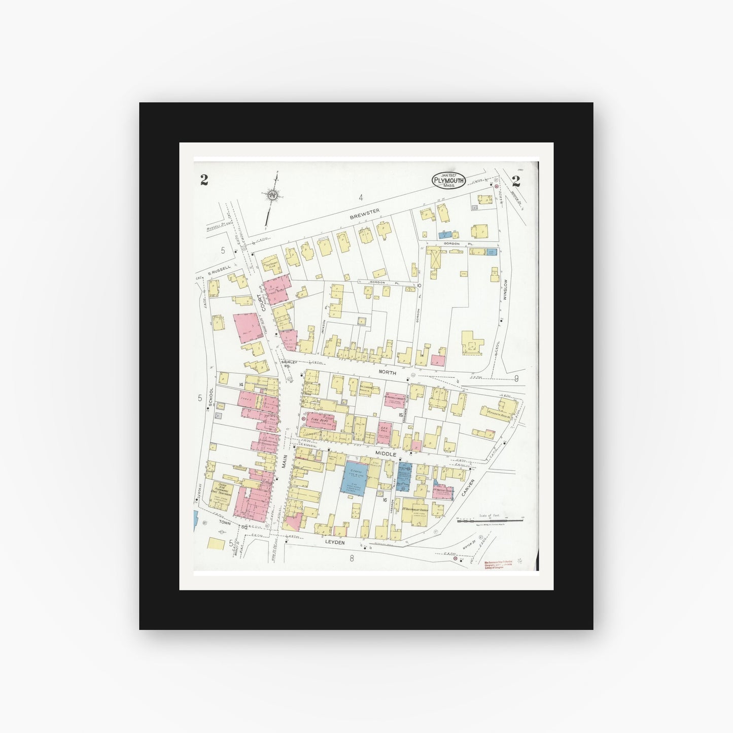 Old map wall art mockup — black gallery frame with white mat — Sanborn Fire Insurance Map from Plymouth, Plymouth County, Massachusetts (1927), Sheet #0002