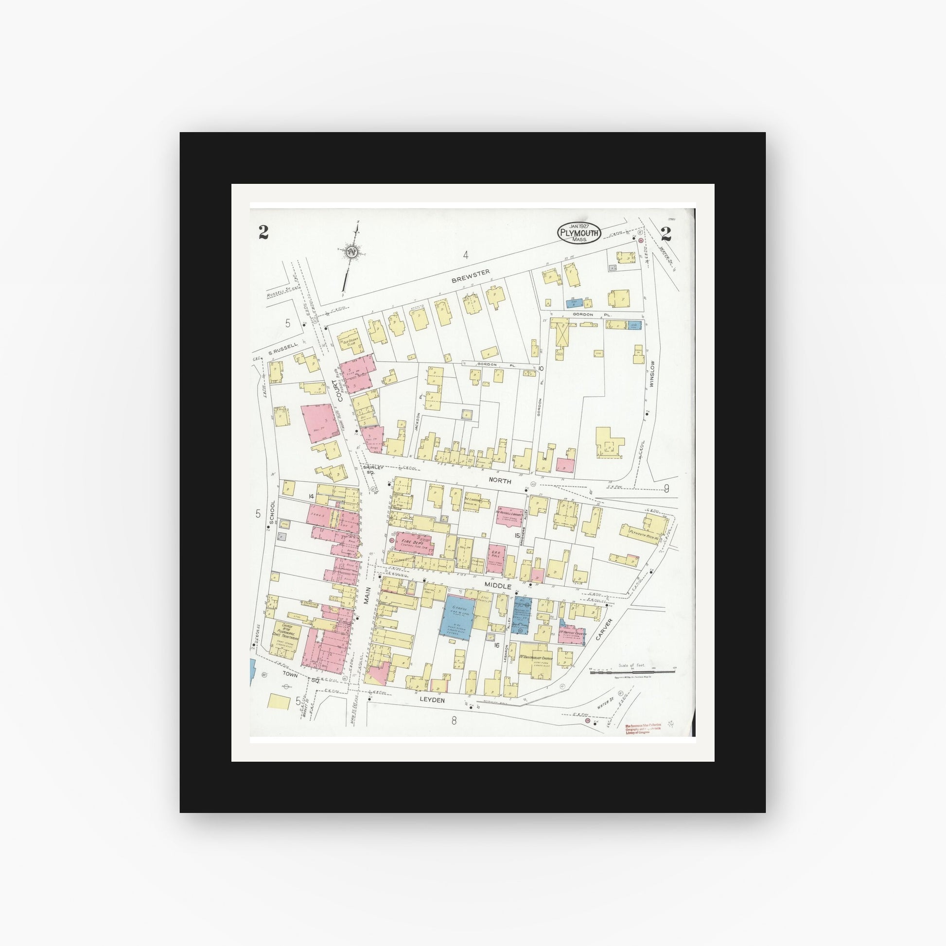 Old map wall art mockup — black gallery frame with white mat — Sanborn Fire Insurance Map from Plymouth, Plymouth County, Massachusetts (1927), Sheet #0002