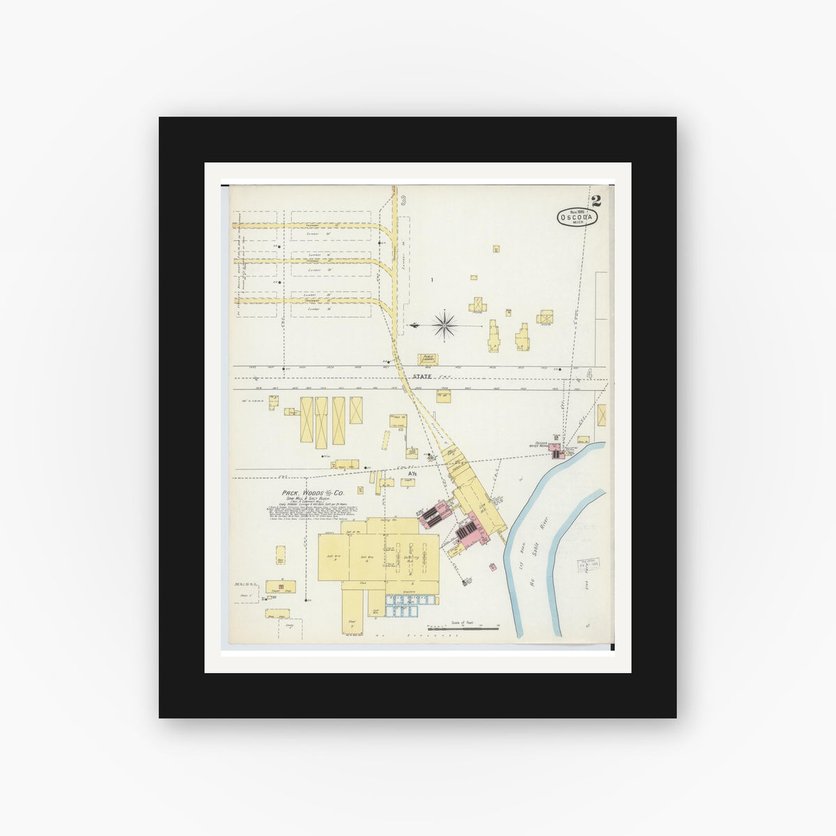 Old map wall art mockup — black gallery frame with white mat — Sanborn Fire Insurance Map from Oscoda, Iosco County, Michigan (1895), Sheet #0002