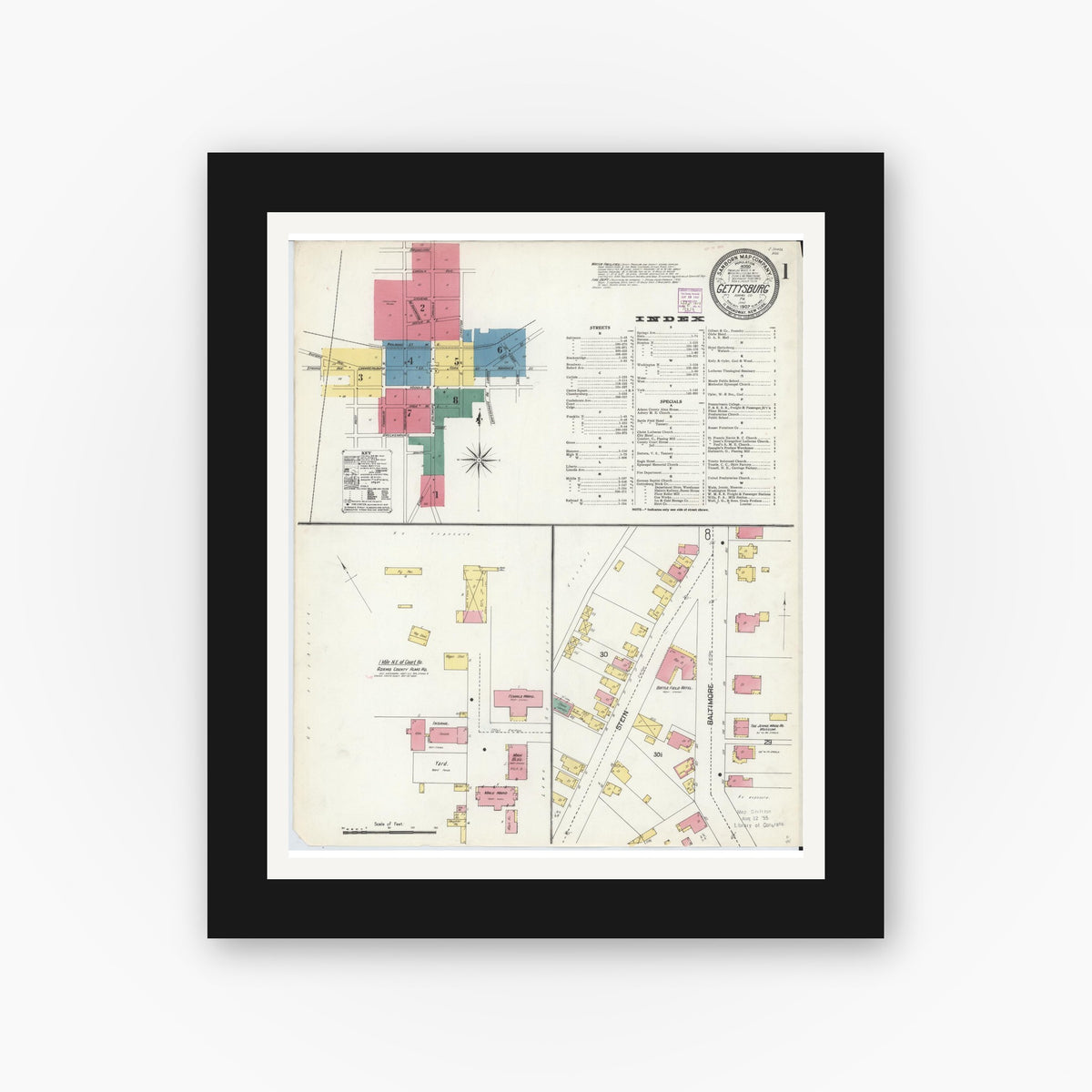 Old map wall art mockup — black gallery frame with white mat — Sanborn Fire Insurance Map from Gettysburg, Adams County, Pennsylvania (1907), Sheet #0001