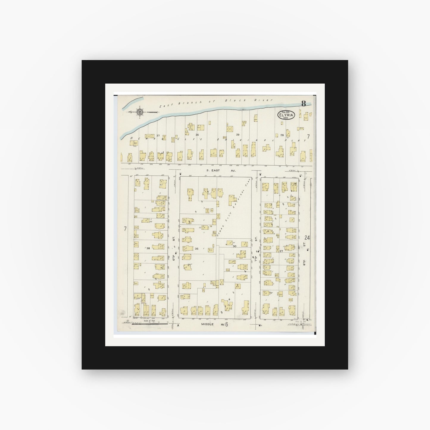Old map wall art mockup — black gallery frame with white mat — Sanborn Fire Insurance Map from Elyria, Lorain County, Ohio (1915), Sheet #0008