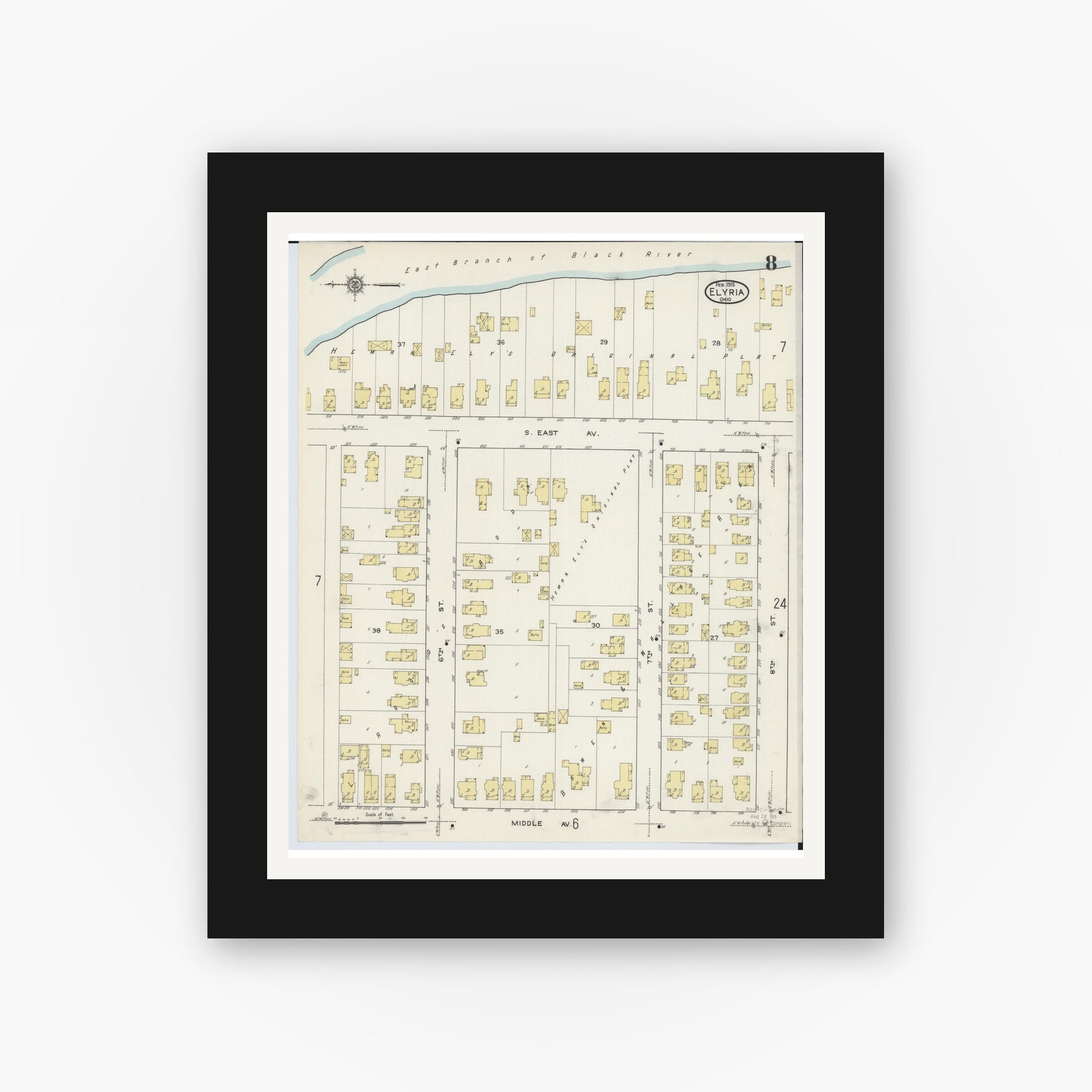 Old map wall art mockup — black gallery frame with white mat — Sanborn Fire Insurance Map from Elyria, Lorain County, Ohio (1915), Sheet #0008