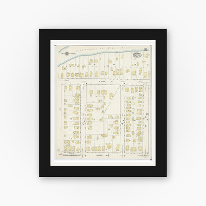 Old map wall art mockup — black gallery frame with white mat — Sanborn Fire Insurance Map from Elyria, Lorain County, Ohio (1915), Sheet #0008