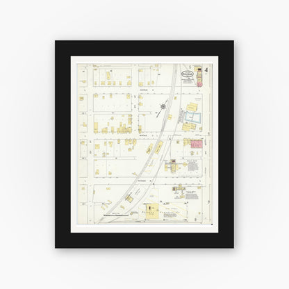 Old map wall art mockup — black gallery frame with white mat — Sanborn Fire Insurance Map from Rosebud, Falls County, Texas (1914), Sheet #0004