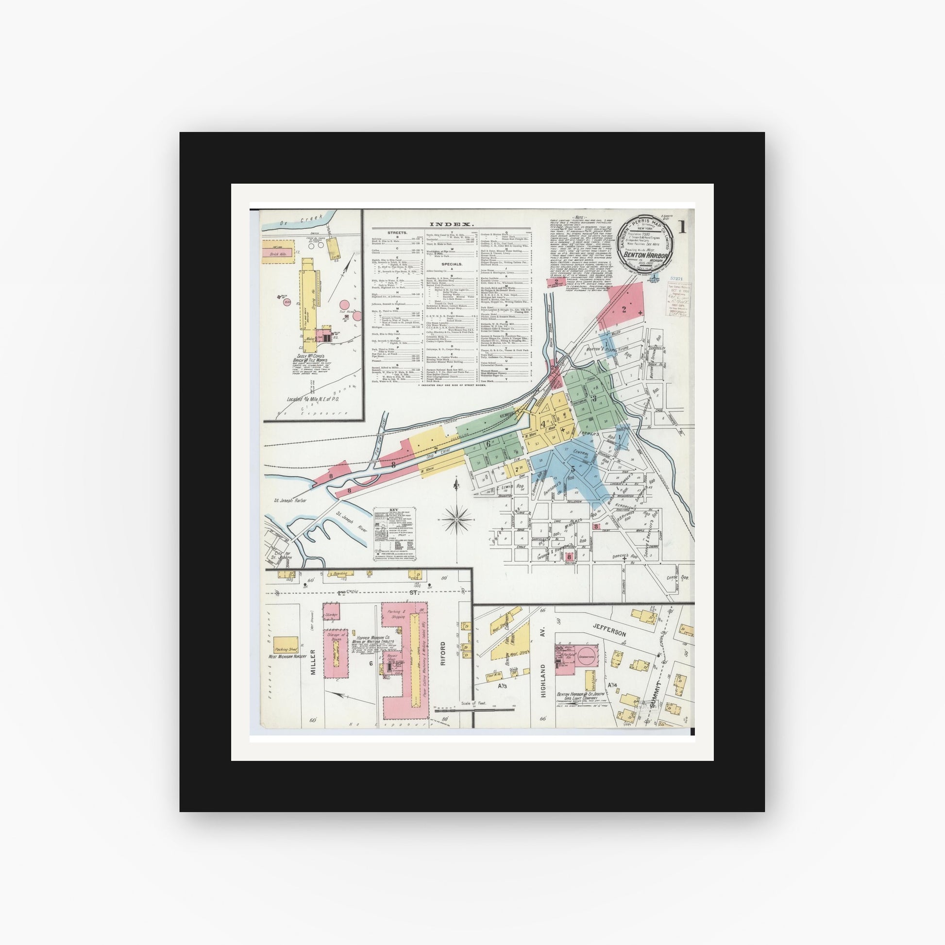 Old map wall art mockup — black gallery frame with white mat — Sanborn Fire Insurance Map from Benton Harbor, Berrien County, Michigan (1900), Sheet #0001