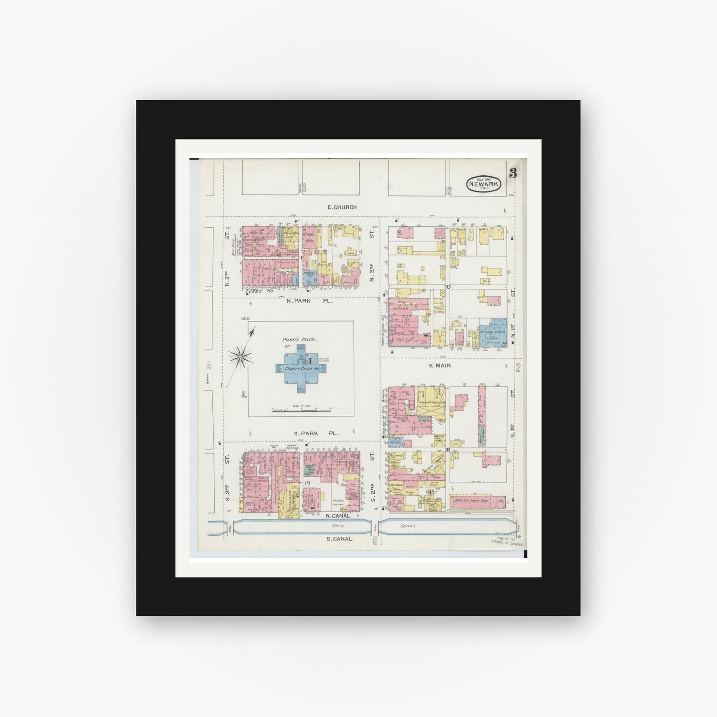 Old map wall art mockup — black gallery frame with white mat — Sanborn Fire Insurance Map from Newark, Licking County, Ohio (1893), Sheet #0003