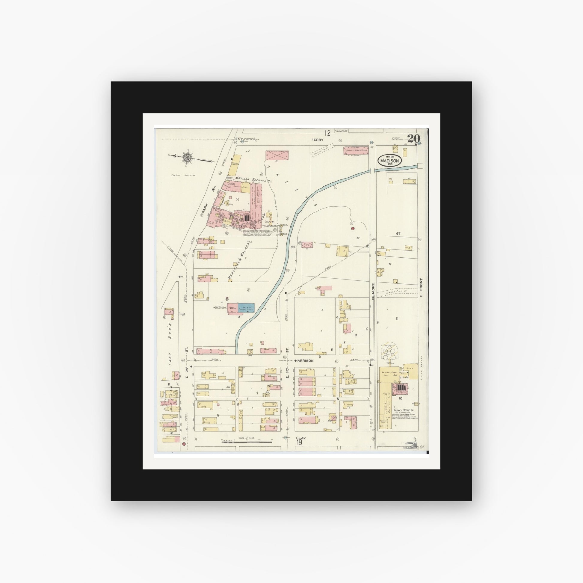 Old map wall art mockup — black gallery frame with white mat — Sanborn Fire Insurance Map from Madison, Jefferson County, Indiana (1911), Sheet #0020