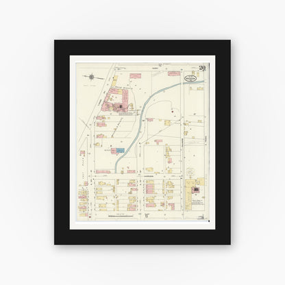 Old map wall art mockup — black gallery frame with white mat — Sanborn Fire Insurance Map from Madison, Jefferson County, Indiana (1911), Sheet #0020