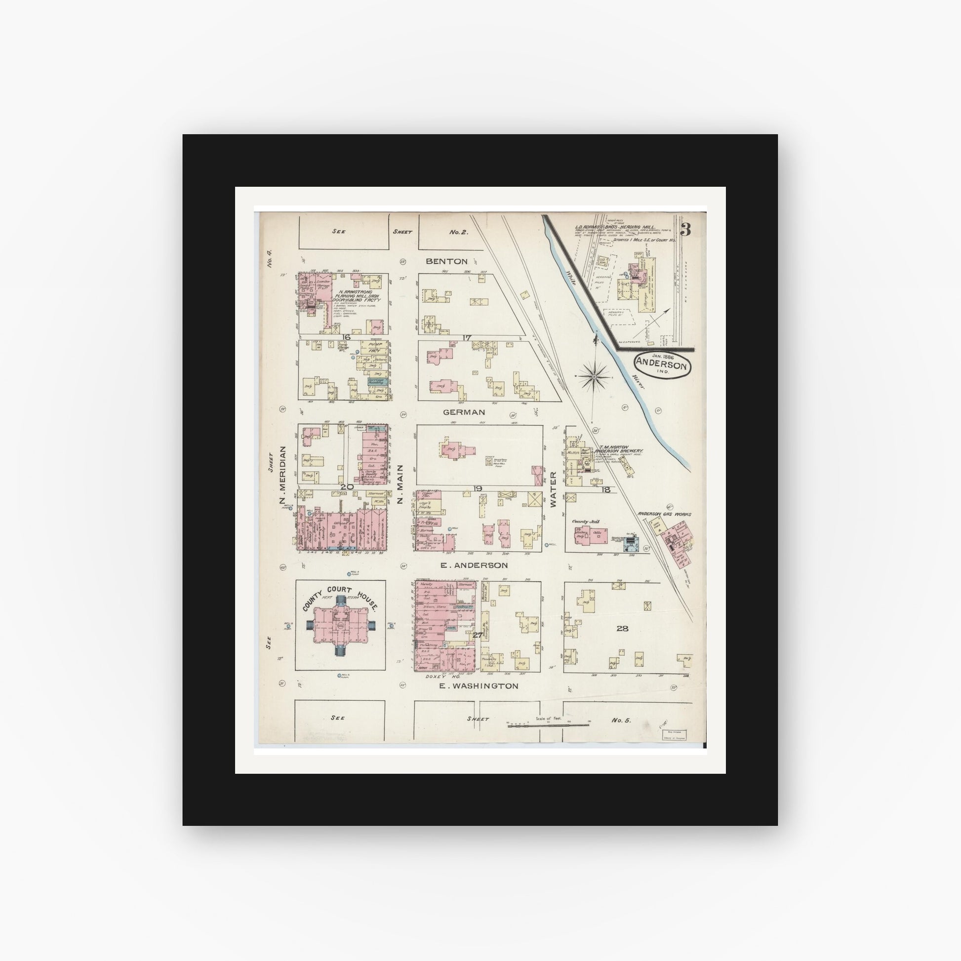 Old map wall art mockup — black gallery frame with white mat — Sanborn Fire Insurance Map from Anderson, Madison County, Indiana (1886), Sheet #0003